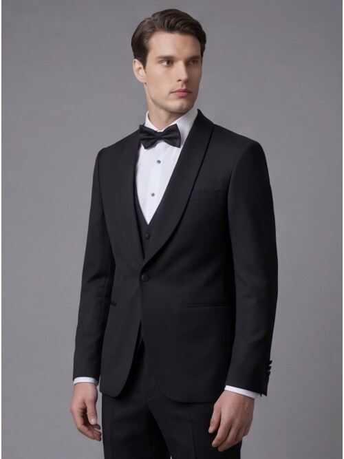 Siyah Şal Yaka Tek Düğme Slim Fit Damatlık
