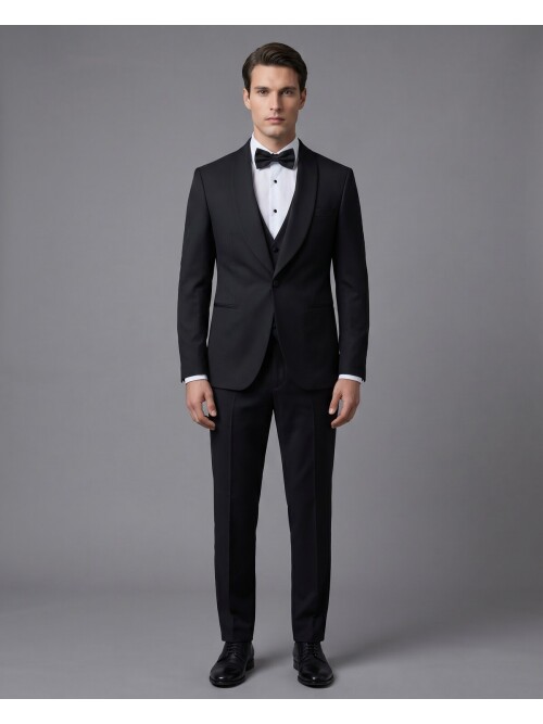 Siyah Şal Yaka Tek Düğme Slim Fit Damatlık