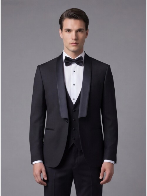 Siyah Şal Yaka Zincir Düğme Detaylı Slim Fit Damatlık