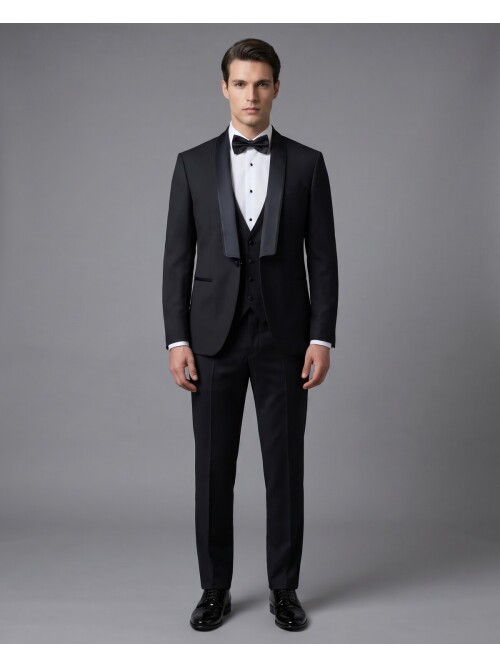 Siyah Şal Yaka Zincir Düğme Detaylı Slim Fit Damatlık