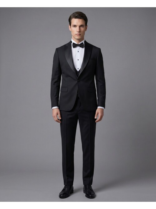 Black Peak Lapel Single Button Slim Fit 3-Piece Wedding Suit