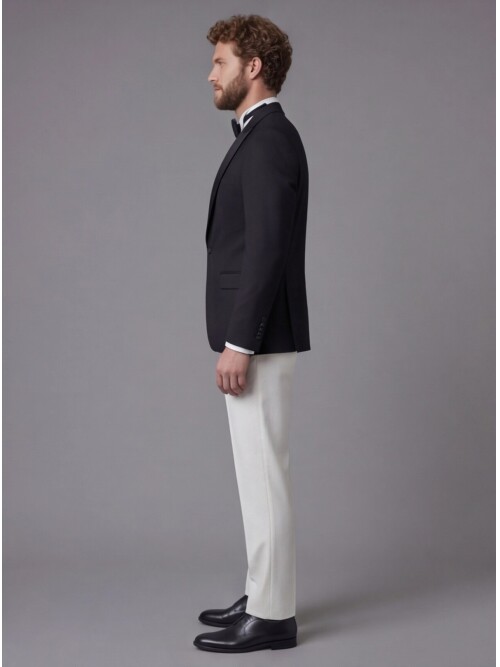Black Peak Lapel Comfort Fit Single Button Tuxedo Jacket & White Trousers Suit Combination