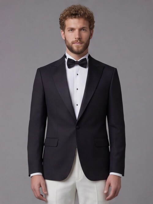 Black Peak Lapel Comfort Fit Single Button Tuxedo Jacket & White Trousers Suit Combination