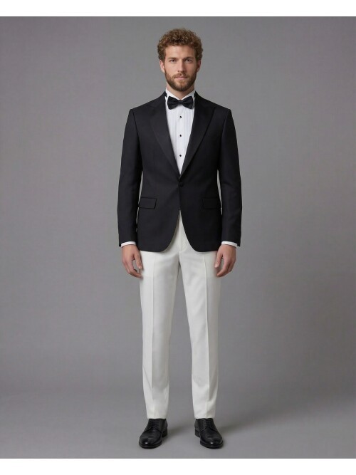 Black Peak Lapel Comfort Fit Single Button Tuxedo Jacket & White Trousers Suit Combination