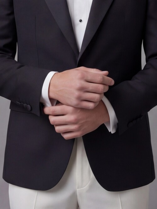 Black Peak Lapel Comfort Fit Single Button Tuxedo Jacket & White Trousers Suit Combination