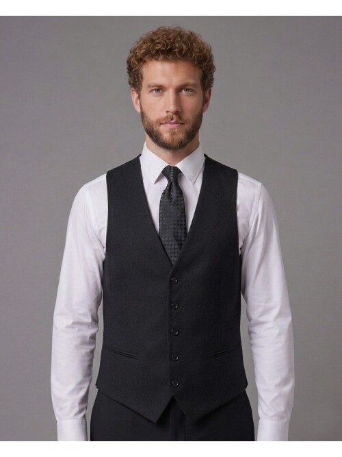 Siyah Sivri Yaka Çift Düğmeli Slim Fit Yelekli Takım Elbise