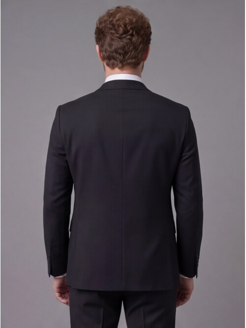 Siyah Sivri Yaka Çift Düğmeli Slim Fit Yelekli Takım Elbise