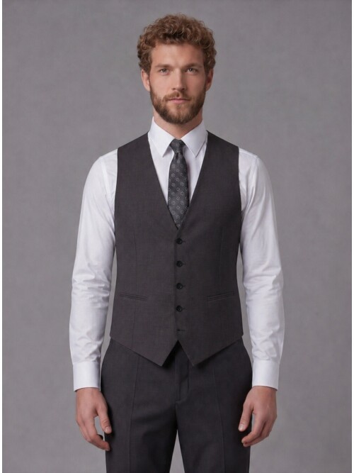 Siyah Sivri Yaka Çift Düğmeli Slim Fit Yelekli Takım Elbise