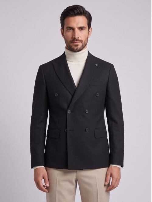 Black Peak Lapel Double-Breasted Blazer