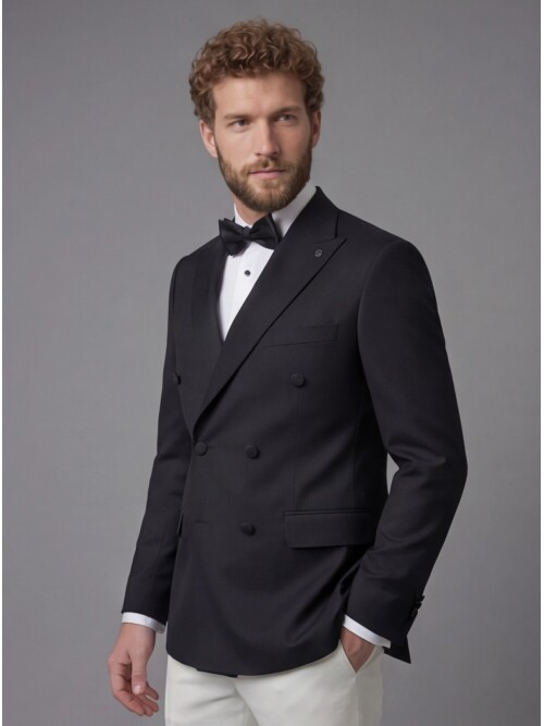 Black Peak Lapel Double-Breasted Blazer & White Trousers Combination Suit