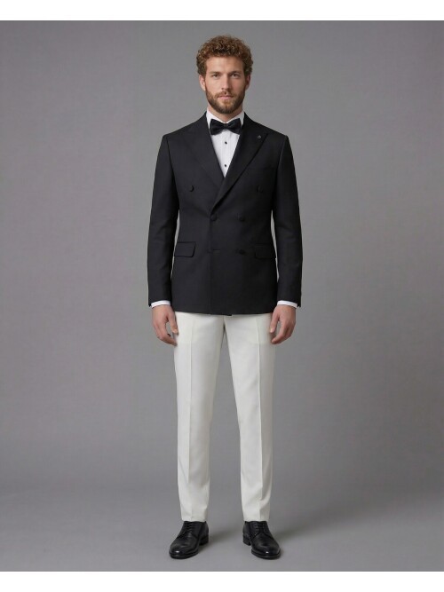 Black Peak Lapel Double-Breasted Blazer & White Trousers Combination Suit