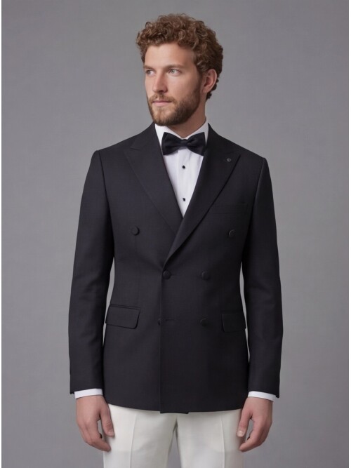 Black Peak Lapel Double-Breasted Blazer & White Trousers Combination Suit