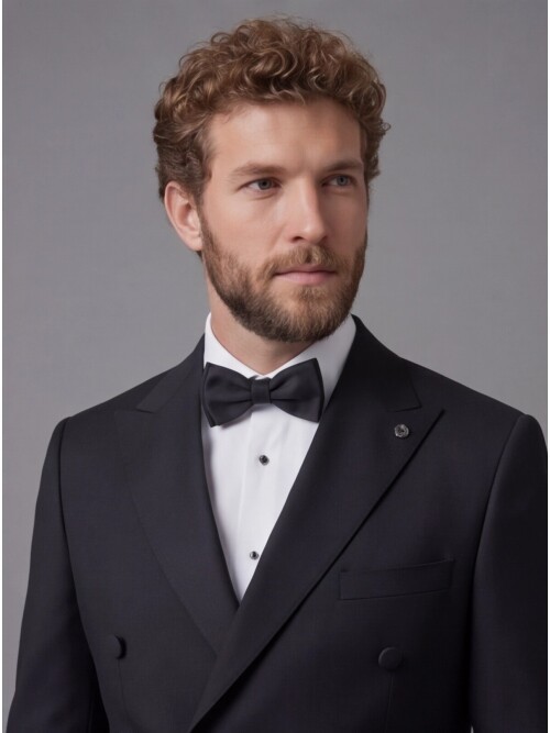 Black Peak Lapel Double-Breasted Blazer & White Trousers Combination Suit
