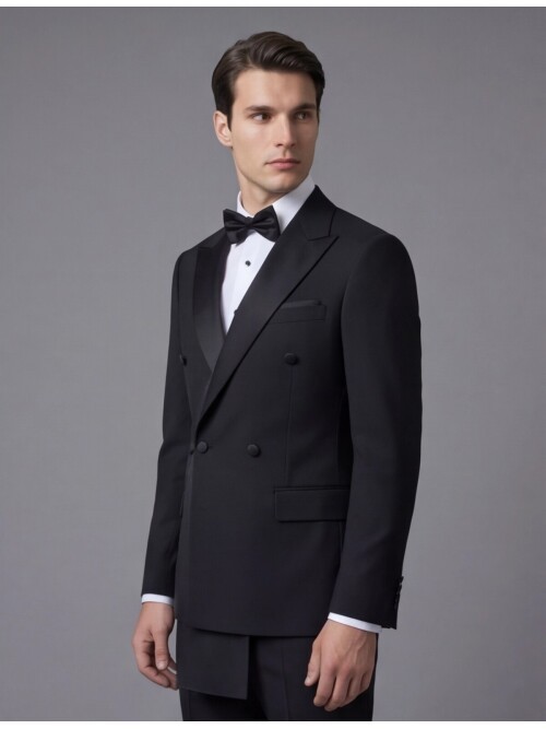 Black Pointed Collar Double-Breasted Groom Suit