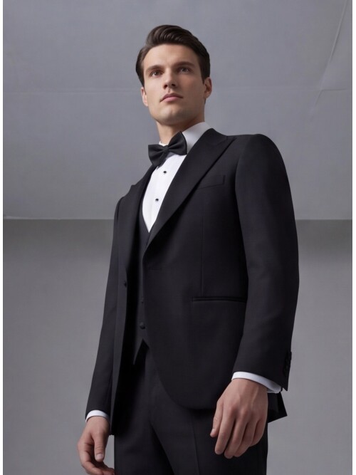 Siyah Sivri Yaka Slim Fit Tek Düğmeli Damatlık