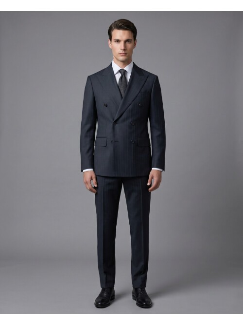 Siyah Sivri Yaka Yünlü Kruvaze Takım Elbise