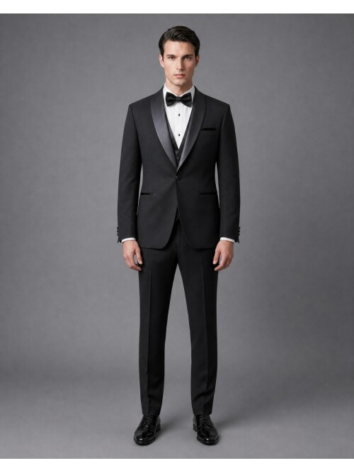 Siyah Slim Fit Şal Yaka Tek Düğme Damatlık