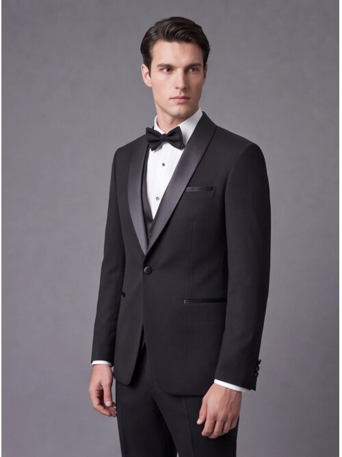 Mens Black Slim Fit Shawl Lapel One Button Tuxedo