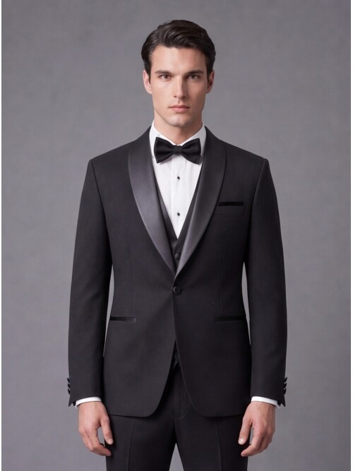 Mens Black Slim Fit Shawl Lapel One Button Tuxedo