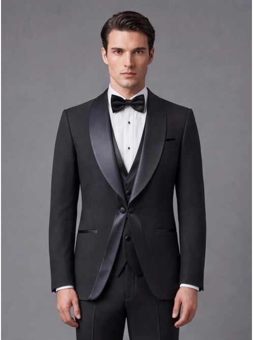 Black Slim Fit Shawl Lapel Tuxedo with Chain Button