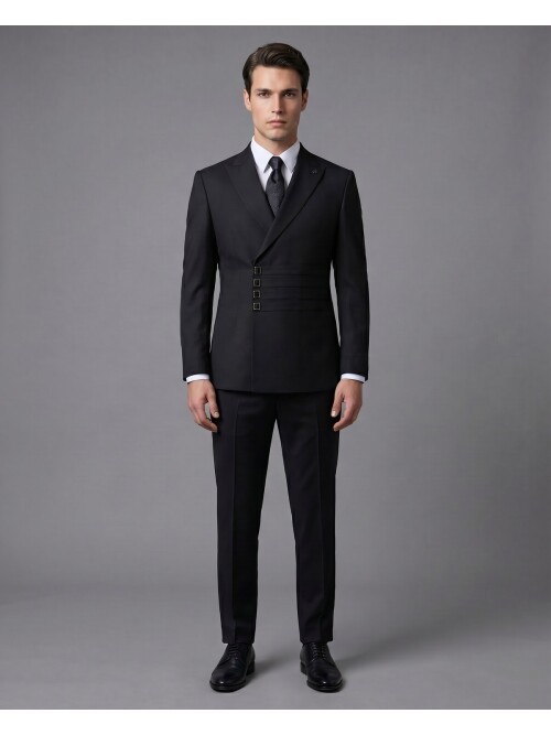 Siyah Slim Fit Sivri Yaka Kruvaze Takım Elbise