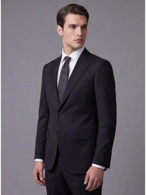 Siyah Yünlü Mono Yaka Comfort Fit Takım Elbise