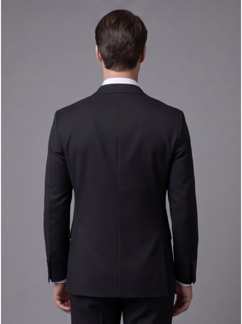 Siyah Yünlü Mono Yaka Regular Fit Takım Elbise