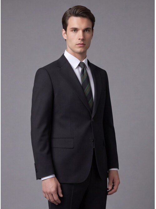 Siyah Yünlü Mono Yaka Regular Fit Takım Elbise