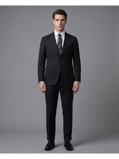 Siyah Yünlü Mono Yaka Regular Fit Takım Elbise