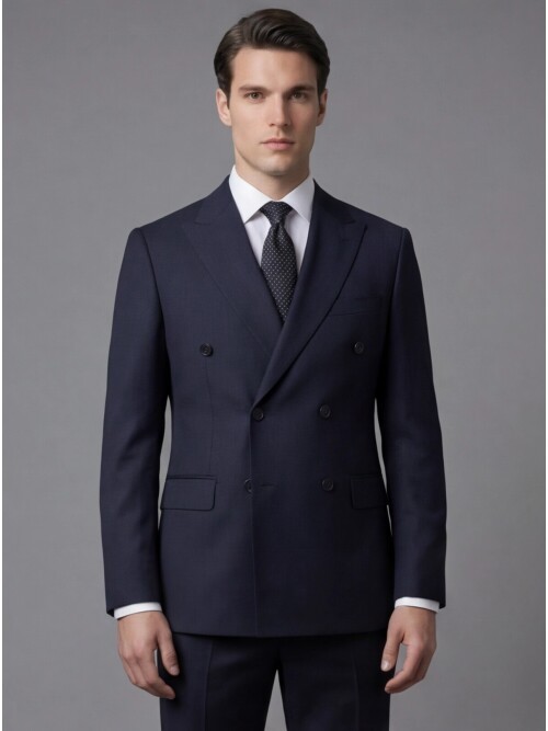 Siyah Yünlü Sivri Yaka Kruvaze Regular Fit 6 Düğme Takım Elbise