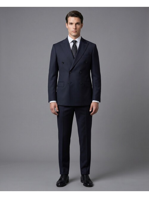 Siyah Yünlü Sivri Yaka Kruvaze Regular Fit 6 Düğme Takım Elbise