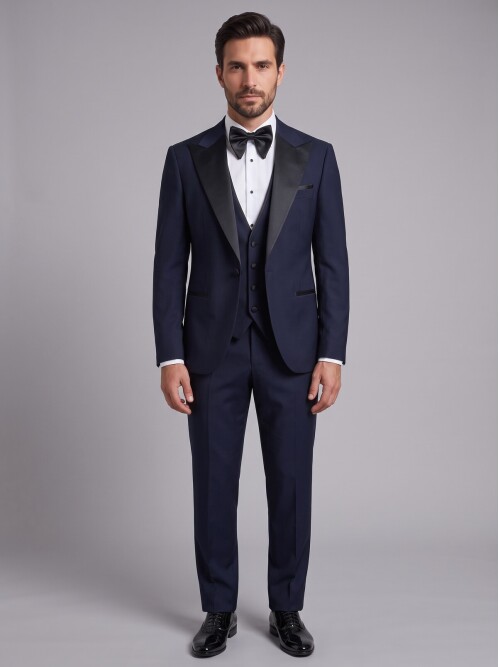 Navy Blue Peak-Lapel Grooms Suit