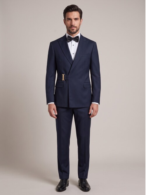 Navy Blue Pointed-Collar Grooms Suit