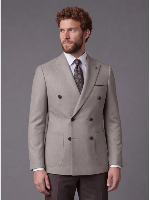 Taş Kruvaze Ceket Koyu Kahverengi Pantolon Kombinli Slim Fit Takım Elbise