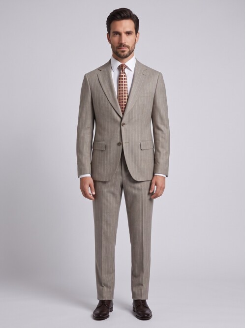 Stone Striped Regular Fit Peak Lapel Suit