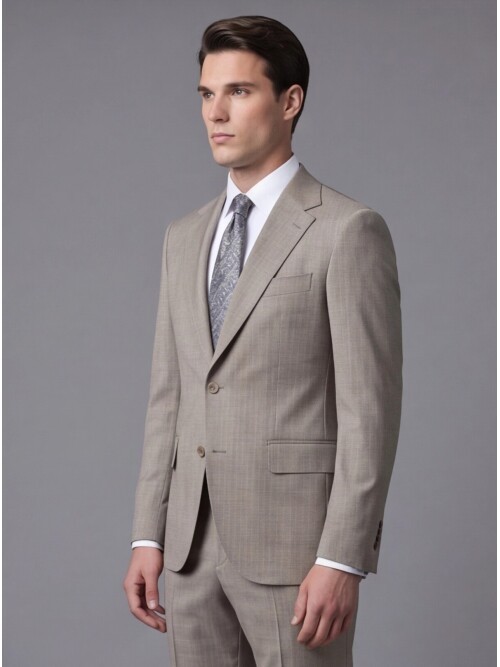 Taş Rengi Çizgili Yünlü Mono Yaka Regular Fit Takım Elbise