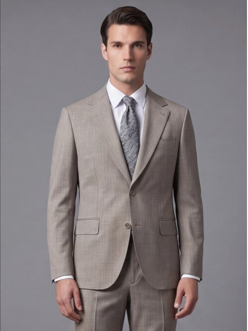 Taş Rengi Çizgili Yünlü Mono Yaka Regular Fit Takım Elbise