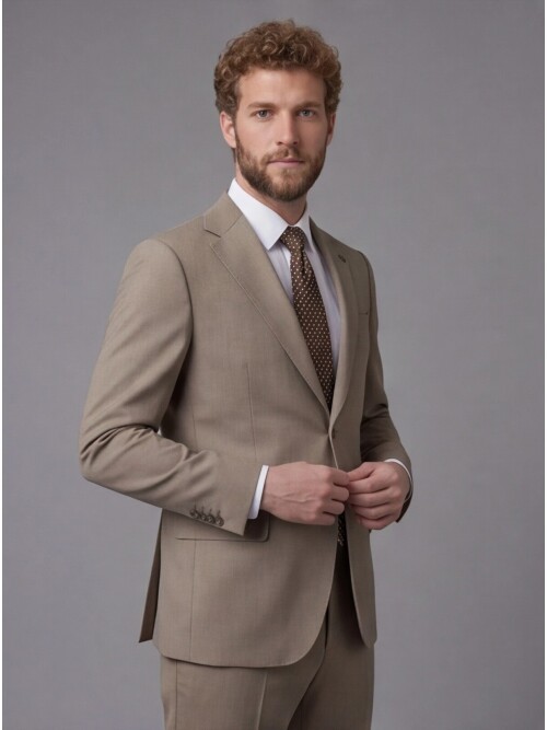 Taş Rengi Mono Yaka Slim Fit 2 Düğme Takım Elbise