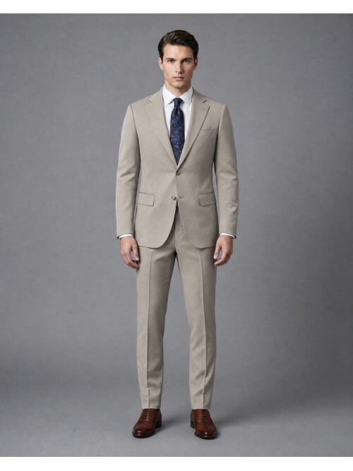 Stone-Colored Slim-Fit 2-Button Suit with Mono Collar