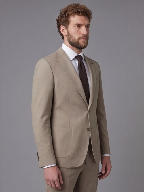 Taş Rengi Sivri Yaka Slim Fit 2 Düğme Torba Cep Takım Elbise