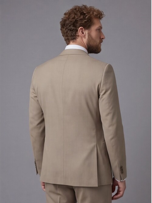 Taş Rengi Sivri Yaka Slim Fit 2 Düğme Torba Cep Takım Elbise