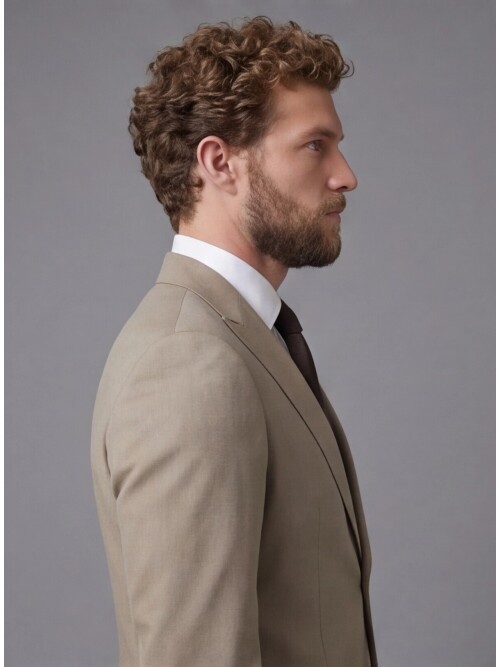 Taş Rengi Sivri Yaka Slim Fit 2 Düğme Torba Cep Takım Elbise