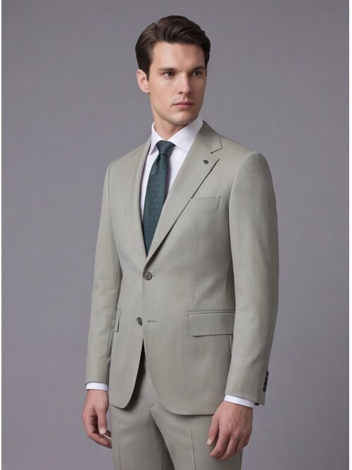 Taş Rengi Yünlü Mono Yaka Comfort Fit Takım Elbise