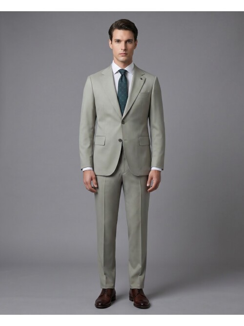 Taş Rengi Yünlü Mono Yaka Comfort Fit Takım Elbise