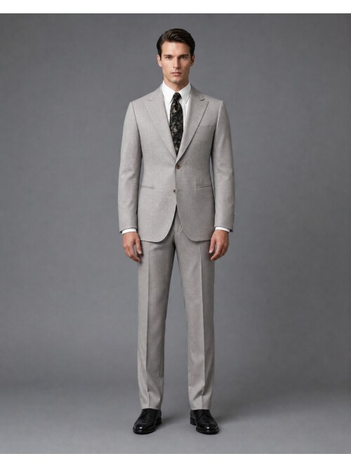 Stone-Colored Wool Suit with Pointed Lapels