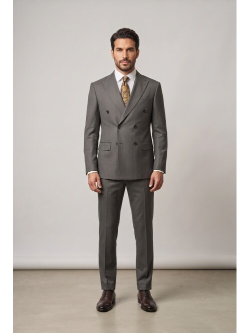 Green Striped Peak Lapel Double Breasted 6 Button Comfort Fit Suit