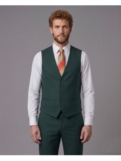 Yeşil Sivri Yaka Çift Düğmeli Slim Fit Yelekli Takım Elbise