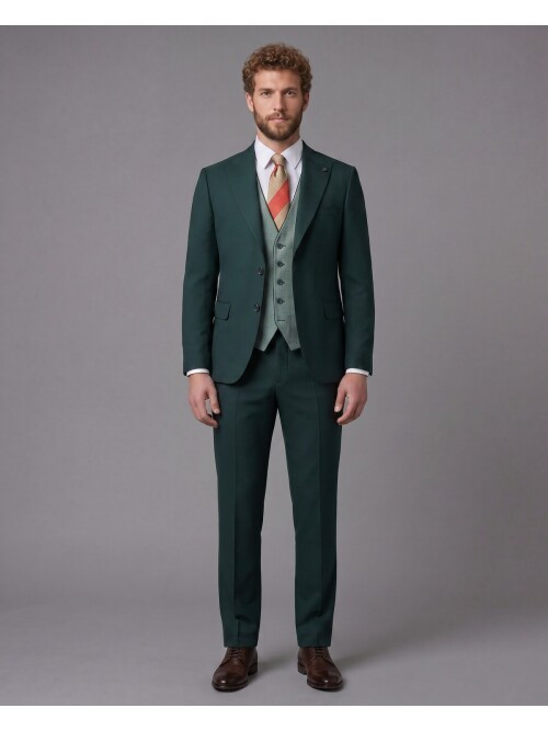 Yeşil Sivri Yaka Çift Düğmeli Slim Fit Yelekli Takım Elbise