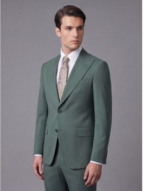 Yeşil Yünlü Sivri Yaka Comfort Fit Takım Elbise