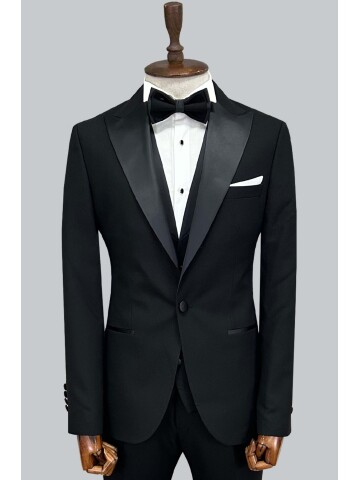 SUIT SARTORIA SİYAH SATEN SİVRİ YAKA DAMATLIK 5037